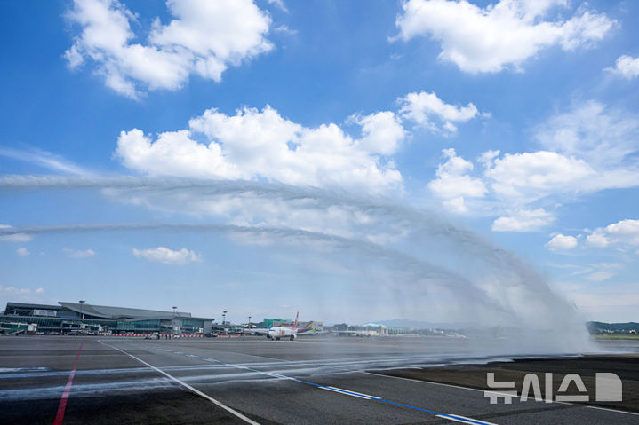 [서울=뉴시스] 김선웅 기자 = 12일 서울 강서구 김포국제공항 국내선 이동지역에서 한국공항공사 관계자들이 소방차를 이용해 폭염 대비 계류장 살수작업을 하고 있다. 살수작업은 활주로 등 이동지역 포장면의 표면온도가 60도 이상일 경우 물을 살포해 온도를 약 10도 가량 낮추어 포장 손상 위험을 줄이고 항공기 운항 안전성을 높이는 효과가 있다. 한국공항공사는 폭염경보가 발령될 경우 항공기 이동지역 포장면의 온도를 하루 세 차례 측정해 살수작업 여부를 결정한다. (공동취재) 2025.08.12. photo@newsis.com