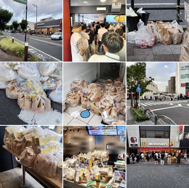 [뉴시스]SNS에는 해피밀 봉지를 8~10개씩 들고 나오는 사람들과 매장 밖에 버려진 햄버거·감자튀김 사진이 퍼졌다.(사진=X/yodoyakeiko).2025.08.13 *재판매 및 DB 금지