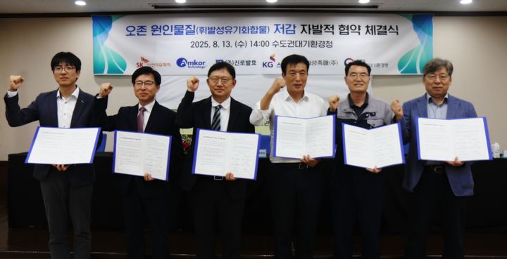 [안산=뉴시스]이상진 수도권대기환경청장이 13일 수도권 소재 5개 오존 원인물질 취급 사업장과 '오존 원인물질 저감 자발적 협약'을 체결하고 기념촬영을 하고 있다.(사진=수도권대기환경청 제공)2025.08.13.photo@newsis.com *재판매 및 DB 금지