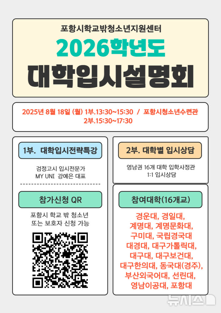 [포항=뉴시스] 송종욱 기자 = 포항시청소년재단 상담복지센터 내 학교밖청소년지원센터는 오는 18일 포항시청소년수련관에서 학교 밖 청소년을 위한 맞춤형 '2026학년도 대학 입시 설명회'를 연다. 사진은 '2025학년도 대학 입시 설명회' 포스터. (사진=포항시 제공) 2025.08.13. photo@newsis.com 