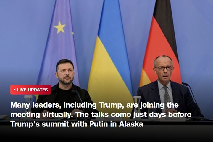 [서울=뉴시스] 12일 볼로디미르 젤렌스키 우크라이나 대통령과 프리드리히 메르츠 독일 총리가 도널드 트럼프 대통령과 화상 회담을 마친 후 기자회견을 하고 있다.(출처: CNN 홈페이지 캡처) 2025.08.13. *재판매 및 DB 금지