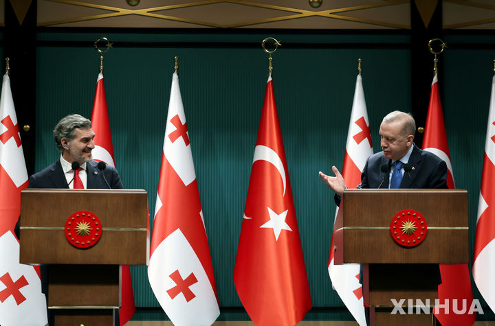  [ 앙카라( 튀르키예)=신화/뉴시스] 튀르키예 앙카라에서 8월 12일 (현지시간) 열린 레제프 타이이프 에르도안 대통령과 미하일 카벨라슈빌리 조지아 대통령의 정상회담에서 에르도안 대통령이 두 나라의 전략적 동반자관계를 강조하고 있다. 2025. 08.13. 