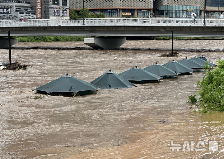 [고양=뉴시스] 홍효식 기자 = 서울을 비롯한 수도권에 호우주의보가 내린 13일 경기 고양시 덕양구 창릉천 일대가 잠겨있다. 2025.08.13. yesphoto@newsis.com