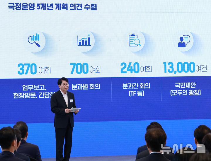 [서울=뉴시스] 최동준 기자 = 이한주 국정기획위원회 위원장이 13일 청와대 영빈관에서 열린 국정기획위원회 국민보고대회에서 새 정부 출범 의미 발표를 하고 있다. (대통령실통신사진기자단) 2025.08.13. photocdj@newsis.com