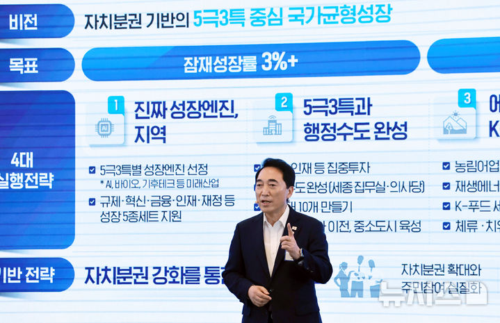 [서울=뉴시스] 최동준 기자 = 박수현 국정기획위원회 균형성장특위 위원장이 13일 청와대 영빈관에서 열린 국정기획위원회 국민보고대회에서 발표를 하고 있다. (대통령실통신사진기자단) 2025.08.13. photocdj@newsis.com