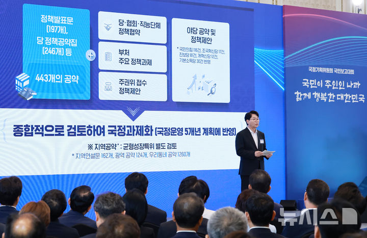 [서울=뉴시스] 최동준 기자 = 이한주 국정기획위원회 위원장이 13일 청와대 영빈관에서 열린 국정기획위원회 국민보고대회에서 새 정부 출범 의미 발표를 하고 있다. (대통령실통신사진기자단) 2025.08.13. photocdj@newsis.com