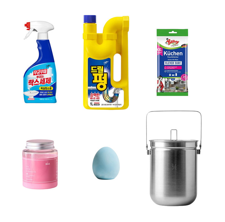 (좌측 상단부터 시계방향) 피죤 '무균무때 뿌리는 락스세제', 피죤 '드릴펑', 폴리보이 '키친클리닝 티슈', JVR '올 스테인리스 음식물 쓰레기통', 라이프스탠다드 '냄새먹는 달걀', BAS '탈취제' (사진=각 사 제공) *재판매 및 DB 금지