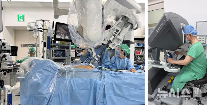 [서울=뉴시스] '다빈치 SP'를 활용한 단일공 로봇 신장이식 수술 장면. 왼쪽은 수술실 내부, 오른쪽은 하종원 서울대병원 이식혈관외과 교수가 콘솔에서 수술을 집도하는 모습. (사진= 서울대병원 제공)
