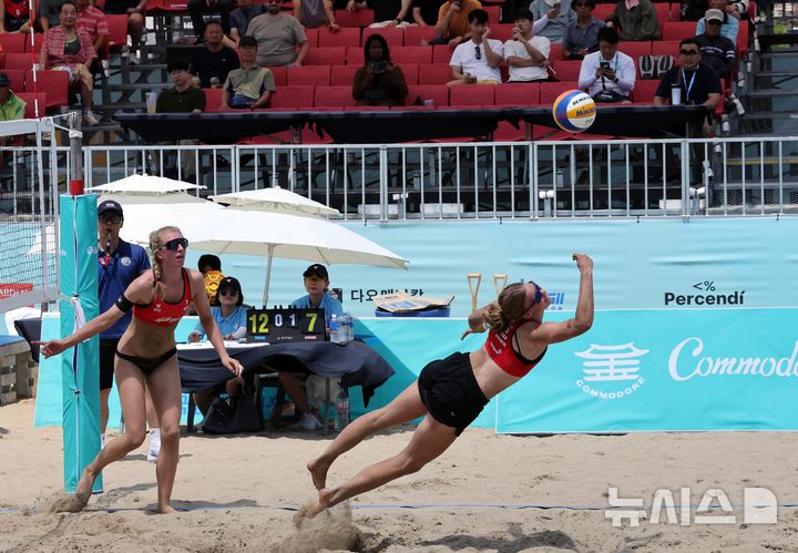  [부산=뉴시스] 하경민 기자 = '2025 부산 광안리 국제 여자 비치발리볼 대회'가 열린 14일 부산 수영구 광안리해수욕장 해변특설경기장에서 미국과 독일팀이 기량을 겨루고 있다. 오는 17일까지 열리는 이번 대회에는 브라질, 미국, 독일, 일본 등 총 12개국 28개 팀이 출전한다. 2025.08.14. yulnetphoto@newsis.com