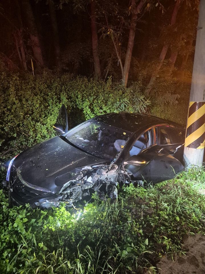 [태안=뉴시스] 17일 오전 12시15분께 충남 태안군 태안읍 삭선리 국도에서 A(30대)씨가 몰던 승용차가 전신주를 들이받은 후 풀숲에 빠져있다. (사진=태안소방서 제공) 2025.08.17. photo@newsis.com *재판매 및 DB 금지