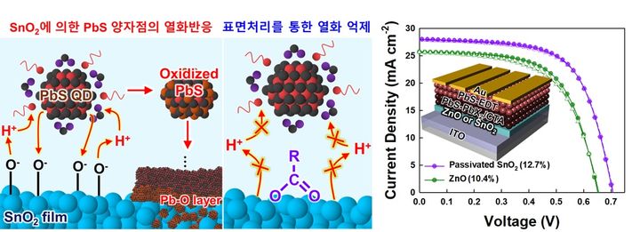 [서울=뉴시스] PbS 양자점 열화 과정(왼쪽 첫 번째)과 표면 패시베이션으로 막은 모습(왼쪽 두 번째), 적용 소자의 성능 향상 그래프. (사진=한양대 제공) 2025.08.18. photo@newsis.com *재판매 및 DB 금지