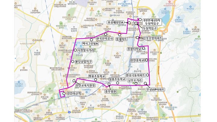 [천안=뉴시스] 도심순환급행버스 15번 노선 두정역입구기점 노선도.(사진=천안시 제공) 2025.08.18. photo@newsis.com *재판매 및 DB 금지