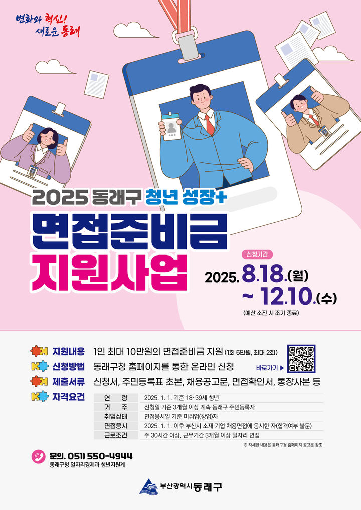 [부산=뉴시스] 부산 동래구는 청년들의 구직 부담을 덜어주기 위해 '2025년 동래구 청년 성장+ 면접준비금 지원사업'을 추진한다. 오는 12월10일까지 지원자를 받는다. (사진=동래구 제공) 2025.08.18. photo@newsis.com *재판매 및 DB 금지