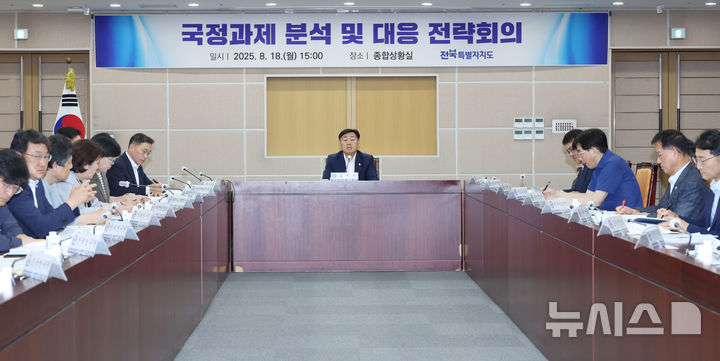 [전주=뉴시스] 김관영 전북도지사는 18일 전북특별자치도청 종합상황실에서 국정과제 분석·대응 보고회를 주재하며 '새 정부 국정운영 5개년 계획'에 포함된 전북 핵심사업의 추진 방안을 논의하고 있다. (사진=전북자치도 제공) 2025.08.18. photo@newsis.com *재판매 및 DB 금지