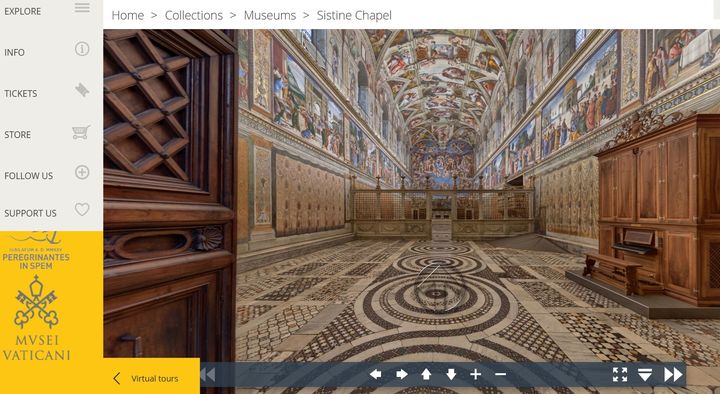 바티칸 미술관 홈페이지의 가상 전시(Virtual tour) 화면. 시스티나 성당 내부를 360도로 감상할 수 있는 서비스로, 바티칸의 컬렉션을 생생하게 둘러볼 수 있다. *재판매 및 DB 금지