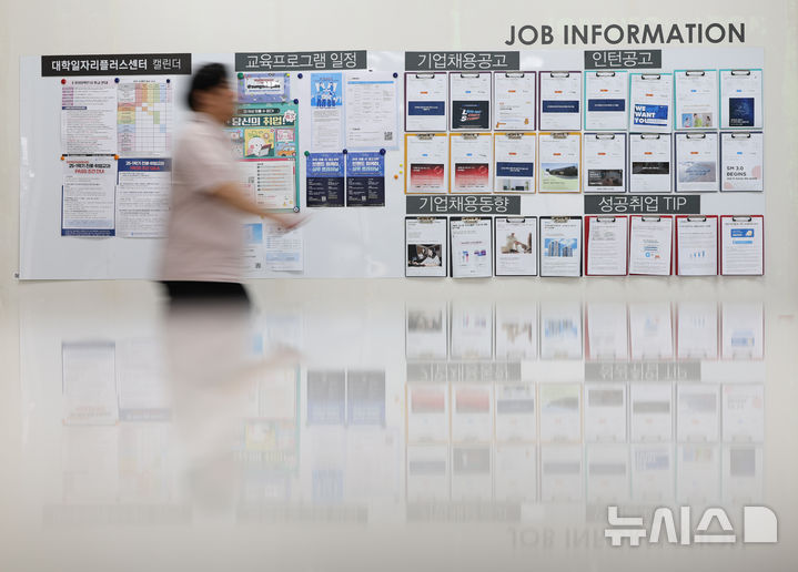 [서울=뉴시스] 황준선 기자 = 18일 서울 시내 한 대학일자리플러스센터 채용 공고 게시판 앞으로 학생들이 이동하고 있다. 2025.08.18. hwang@newsis.com
