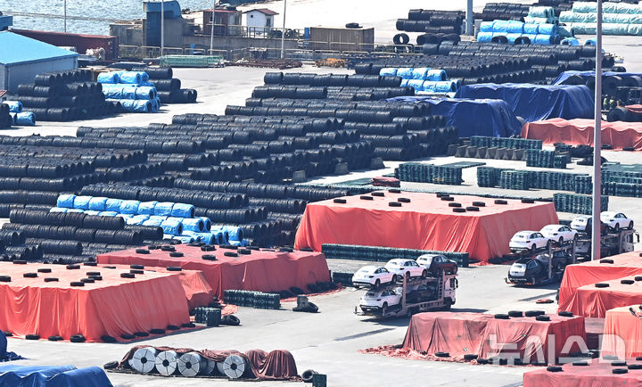 [평택=뉴시스] 김종택 기자 = 18일 경기 평택시 포승읍 평택항 야적장에 철강제품이 쌓여 있다. 미국 도널드 트럼프 행정부는 수입산 철강과 알루미늄 제품에 부과하는 50% 품목관세 적용 범위를 407종의 파생상품으로 확대하면서 국내 관련 산업의 피해가 우려된다.이번에 추가된 제품은 기계류 및 부품, 자동차 부품, 전자기기 부품 등이다.이번 조치는 미국 동부 표준시 기준 18일 0시 1분 이후 미국에 수입 통관되거나, 보세 창고에서 반출한 통관 물량부터 적용된다. 2025.08.18. jtk@newsis.com