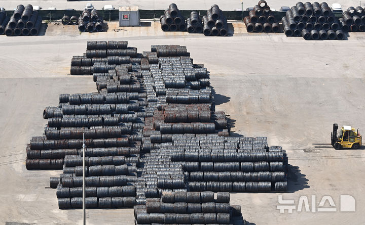 [평택=뉴시스] 김종택 기자 = 지난 18일 경기 평택시 포승읍 평택항 야적장에 철강제품이 쌓여 있다. 2025.08.18. jtk@newsis.com