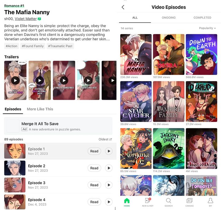 [서울=뉴시스] 18일(현지 시간) 네이버웹툰 모회사 웹툰 엔터테인먼트에 따르면 이날 '웹툰(WEBTOON)' 영어 서비스에 작품 각 회차를 영상으로 감상할 수 있는 '비디오 에피소드'를 시범 도입했다. (사진=네이버웹툰 제공) *재판매 및 DB 금지