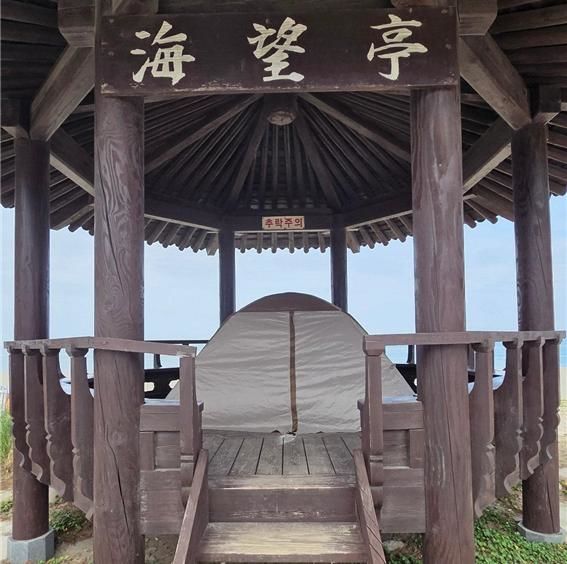[뉴시스] 강원 삼척 하맹방 해변 인근 정자 한가운데 텐트가 설치돼 있다. (사진=보배드림 갈무리) *재판매 및 DB 금지