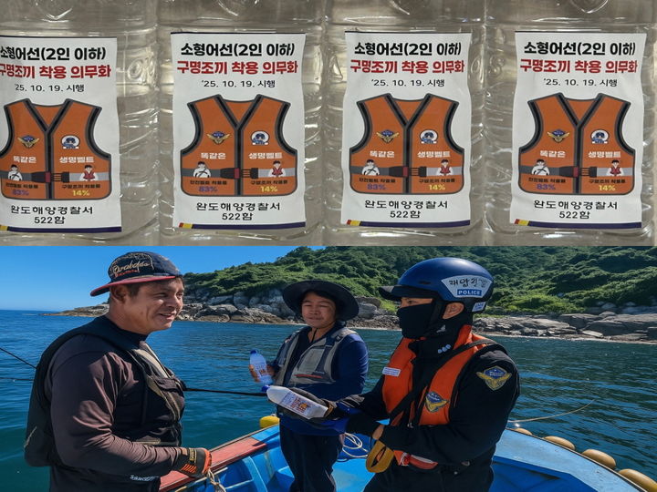 [완도=뉴시스]완도해양경찰서가 19일 조업 중인 어선을 대상으로 구명조끼 착용 의무 홍보 활동을 펼치고 있다. (사진 = 완도해경 제공) 2025.08.19. photo@newsis.com *재판매 및 DB 금지