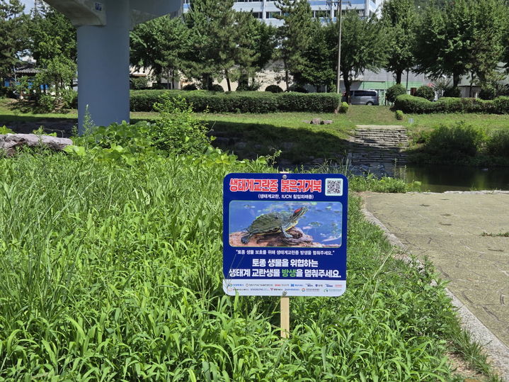 [창원=뉴시스] 강경국 기자 = 경남 창원시 마산회원구 내서읍 광려천에 붉은귀거북 방생 금지 안내판이 설치돼 있다. (사진=창원시청 제공). 2025.08.19. photo@newsis.com *재판매 및 DB 금지