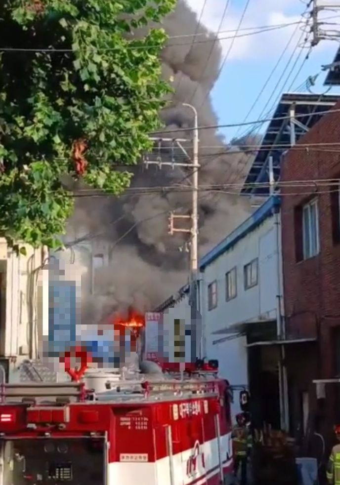 [대구=뉴시스] 19일 오후 5시44분께 대구 북구 노원동 3공단의 한 공장에서 불이 났다. (사진=대구소방안전본부 제공) 2025.08.19. photo@newsis.com *재판매 및 DB 금지