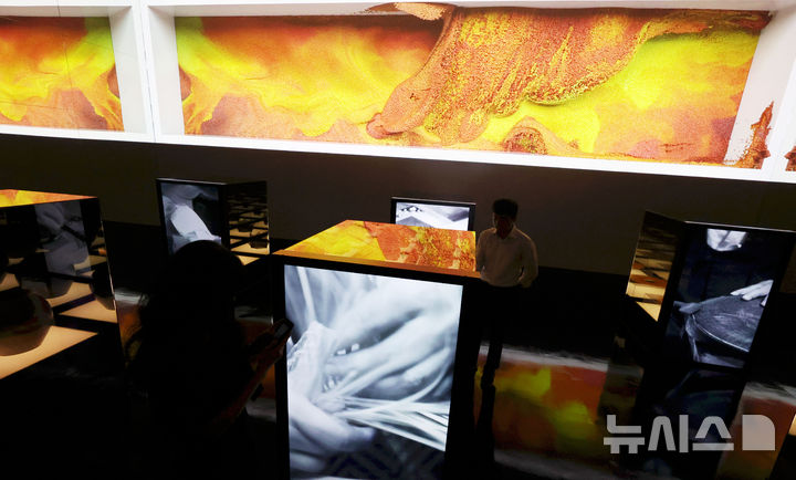 [서울=뉴시스] 홍효식 기자 = 19일 서울 중구 동대문디자인플라자(DDP)에서 열린 '헤리티지 : 더 퓨처 판타지' 전시 기자간담회에서 국가유산진흥원 직원들이 국가무형유산 장인들의 공예기술을 담은 AI 영상 '자연으로부터' 미디어아트와 실제 전승공예품을 살펴보고 있다.국내 최초 국가유산을 활용한 디지털 콘텐츠 종합 전시 '헤리티지 : 더 퓨처 판타지'는 오는 23일 개막해 9월 17일까지 열린다. 2025.08.19. yesphoto@newsis.com