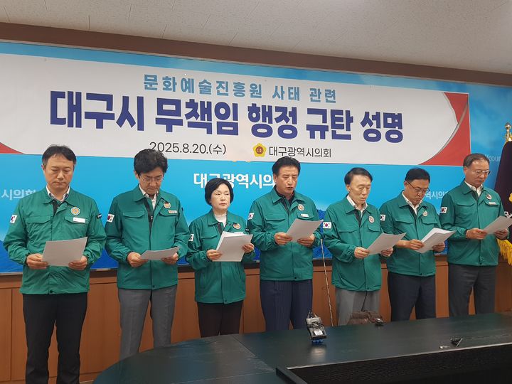 [대구=뉴시스] 정창오 기자=대구시의회 문화복지위원회가 20일 오전 의회 간담회장에서 대구문화예술진흥원 비위 논란과 관련한 ‘대구시 무책임한 행정 규탄’ 기자회견을 열고 있다. 박창석 위원장은 홍준표 전 시장을 겨냥해 "책임을 피하기 어려울 것"이라고 지적했다. 2025.08.20 jco@newsis.com