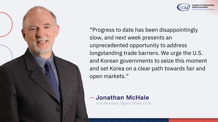 [서울=뉴시스] 미국 컴퓨터통신산업협회(CCIA)는 앱 협회(ACT), 미 상공회의소, 미 소프트웨어·정보산업협회(SIIA), 전미대외무역위원회(NFTC), 미 서비스산업연합(CSI) 등과 함께 하워드 러트닉 미 상무부 장관에게 서한을 보냈다고 19일(현지 시간) 밝혔다. 조너선 맥헤일 CCIA 부회장은 "무역장벽 완화가 더디게 진행되는 가운데 다음 주 예정된 한미정상회담은 이 문제를 다룰 유례없는 기회"라며 "우리는 양국 정부가 이 기회를 적극 활용하고 한국이 공정하고 개방적인 시장을 향해 나아가기를 촉구한다"고 말했다. (사진=CCIA 제공) *재판매 및 DB 금지