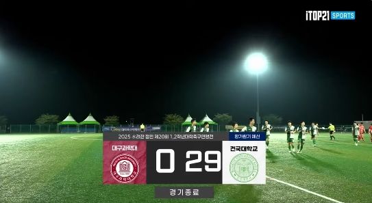 [뉴시스] '제20회 1·2학년 대학축구연맹전 황가람기' 예선에서 대학 축구 역사상 보기 드문 점수 차 경기가 벌어졌다. 2025.08.20 (사진=유튜브 채널 'iTOP21sports' 캡처) *재판매 및 DB 금지