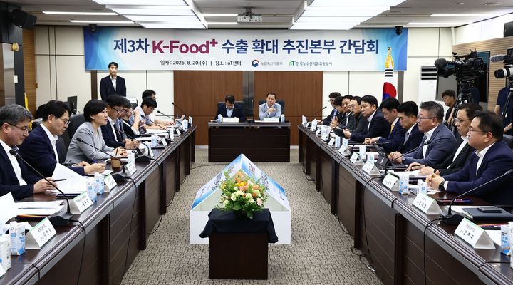 [세종=뉴시스]송미령 농림축산식품부 장관이 20일 서울 aT 센터에서 주요 농식품 및 농산업 수출기업, 유관기관과 함께 2025년 제3차 'K-푸드+ 수출확대 추진본부 간담회'를 개최하고 있다. (사진=농식품부 제공) *재판매 및 DB 금지