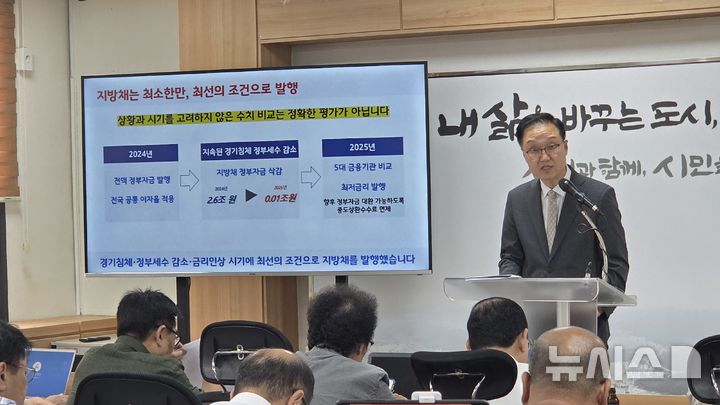 [의정부=뉴시스] 강현석 의정부부시장이 20일 오전 10시 시청 브리핑룸에서 '의도된 예산 왜곡, 시민은 결코 속지 않는다'라는 제목의 자료를 배포하고 시의 재정 운영에 대한 기자회견을 진행하고 있다. 2025.08.20 atia@newsis.com