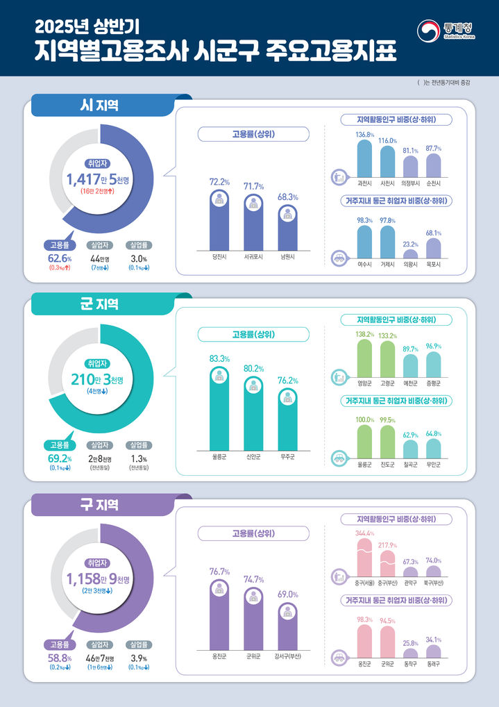 [세종=뉴시스]통계청 2025년 상반기 지역별고용조사 시군구 주요고용지표. *재판매 및 DB 금지