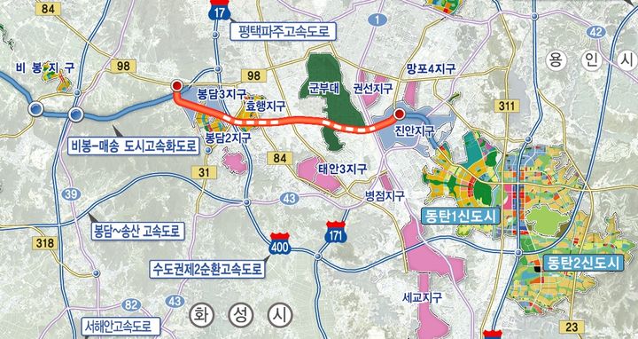 [화성=뉴시스]매송~동탄고속화도로 노선도.(사진=화성시 제공)2025.08.21.photo@newsis.com *재판매 및 DB 금지