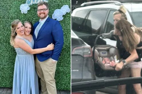 [뉴시스]애비게일 헨셀은 2021년에 조시 볼링과 결혼했지만 그녀의 결합 쌍둥이 브리타니는 아직 미혼이다. 오른쪽은 이들이 신생아를 자동차 뒷좌석에 태우는 모습. (사진=더선) 2025.8.20 