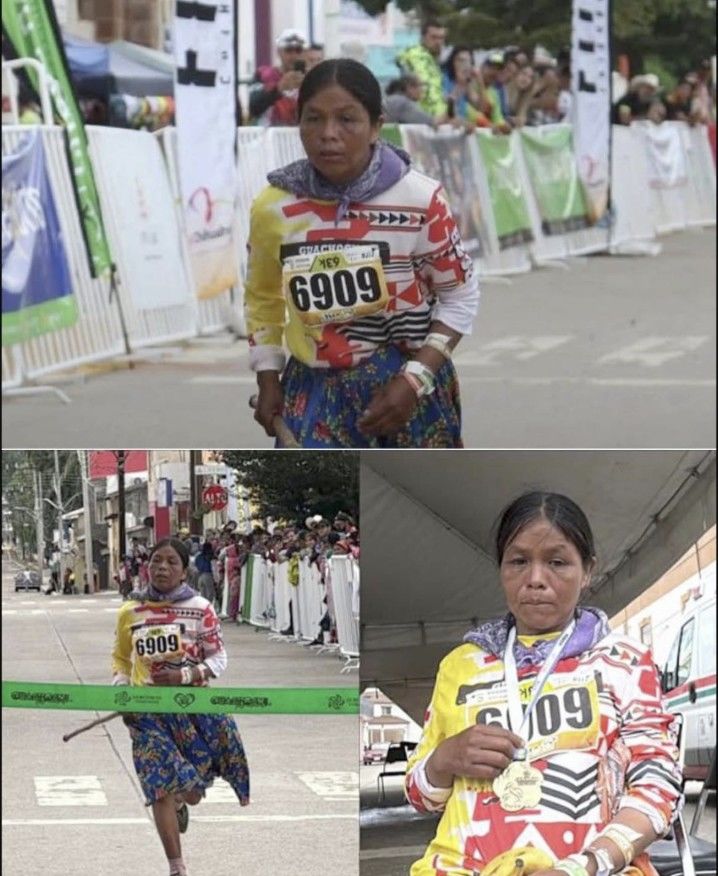[서울=뉴시스] 멕시코의 한 원주민 여성이 샌들과 전통 의상 차림으로 출전한 마라톤 대회에서 우승을 차지해 화제다. (사진=Angelo Lague 페이스북 갈무리) 2025.08.21 *재판매 및 DB 금지