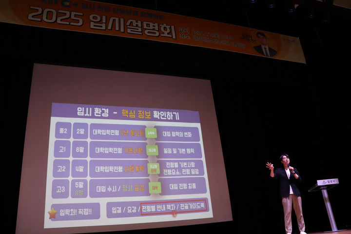 [밀양=뉴시스] EBS 입시 전문 선생님과 함께하는 2025 입시설명회를 하고 있다. (사진=밀양시 제공) 2025.08.22. photo@newsis.com *재판매 및 DB 금지