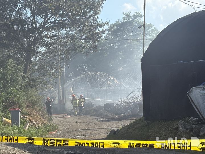 [서울=뉴시스]최은수 기자=22일 오후 2시13분께 화재가 발생한 서울 강남구 세곡동 인근 화훼 단지의 비닐하우스에서 소방대원들이 잔불을 정리하고 있다. 2025.08.22