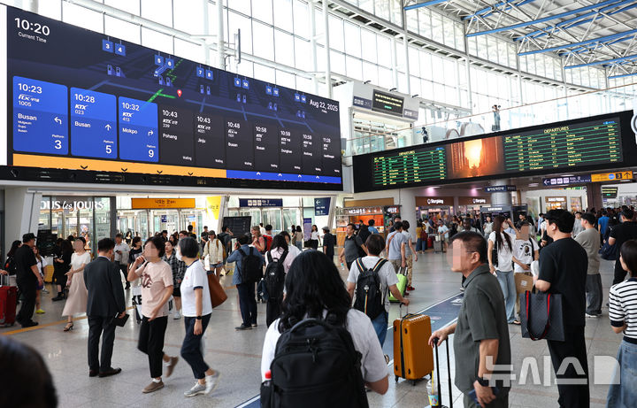 [서울=뉴시스] 최진석 기자 = 22일 시범 가동 중인 서울역 대형 전광판 Platform111에 열차 출도착 및 영상 송출 테스트를 위한 영상이 나오고 있다. 총 길이 111m, 높이 5.5m, 면적 610.5㎡의 Platform111은 시범 가동을 거쳐 다음 달 1일 정상 운영될 예정이다. 2025.08.22. myjs@newsis.com