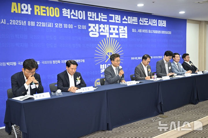 [서울=뉴시스] 박기웅 기자 = 22일 오전 서울 여의도 중소기업중앙회 대회의실에서 열린 '해남 솔라시도 AI(인공지능) 에너지 신도시 및 RE100(재생에너지 100%) 산업단지 조성 정책포럼'에서 패널들이 토론을 진행하고 있다. 2025.08.22. pboxer@newsis.com