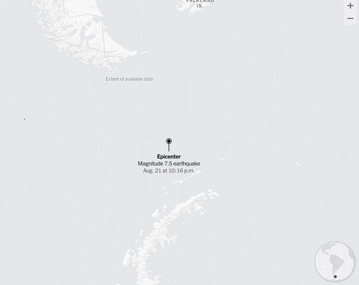 21일(현지시각) 뉴욕타임즈에 따르면 21일 오후 11시 16분께 남아메리카 최남단과 남극 사이 위치한 드레이크 해협의 약 약 6마일(10km) 깊이에서 진앙이 시작됐다. (사진=뉴욕타임즈 제공) *재판매 및 DB 금지