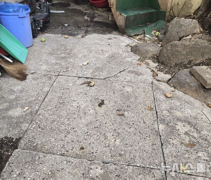 [광주=뉴시스] 광주 도시철도 2호선 6공구 공사 여파로 주변 한 노후 주택 마당이 갈라지고 솟아올라 있다. (사진 = 독자 제공) 2025.08.24. photo@newsis.com