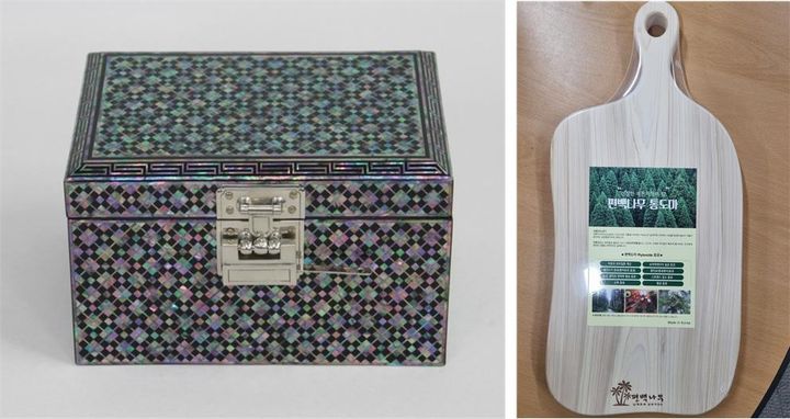 [창원=뉴시스] 경남도 고향사랑기부제 신규 답례품으로 선정된 통영 나전칠기 보석함(왼쪽)과 남해 편백나무 도마. (사진=경남도 제공) 2025.08.25. photo@newsis.com&nbsp;&nbsp; *재판매 및 DB 금지
