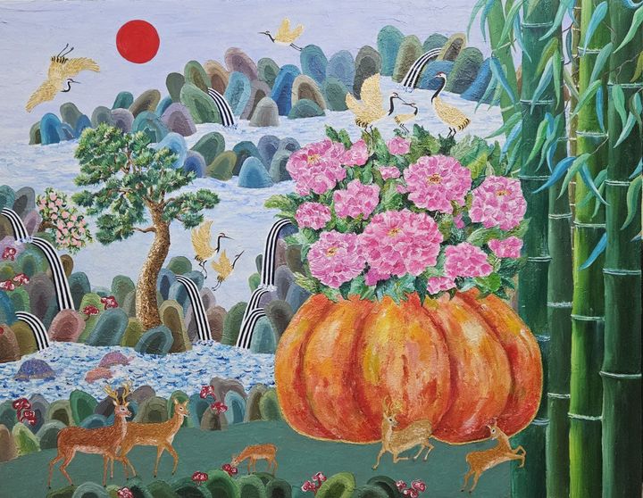 [서울=뉴시스]부산 지역 대표 중견화가 박도희 작가가 다음달 3일부터 8일까지 서울 종로구 인사아트센터에서 개인 전시회를 개최한다. '호박, 생의 연가(戀歌)를 품다'를 주제로 한 이번 전시회에는 늙은 호박의 겉과 주변에 십장생도를 그려넣은 작품 30여점을 선보인다. (사진 = 본인 제공) 2025.08.25. photo@newsis.com *재판매 및 DB 금지