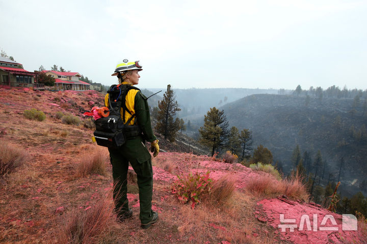 [시스터스 ( 미 오리건주)=AP/뉴시스]오리건 주 산불지역의 자욱한 연기와 산불로 이미 검게 탄 와이처스 크리크 계곡 지역을 지난 해 8월 25일 오리건주 소방대 공보관 레이철 브로조비치가 살펴보고 있다.  올해 미 산불로 소방관 4명이 숨졌고 4번째 희생자는 27월 25일 발생해서 아직 장례식도 치르지 못했다. 2026. 07. 26. 