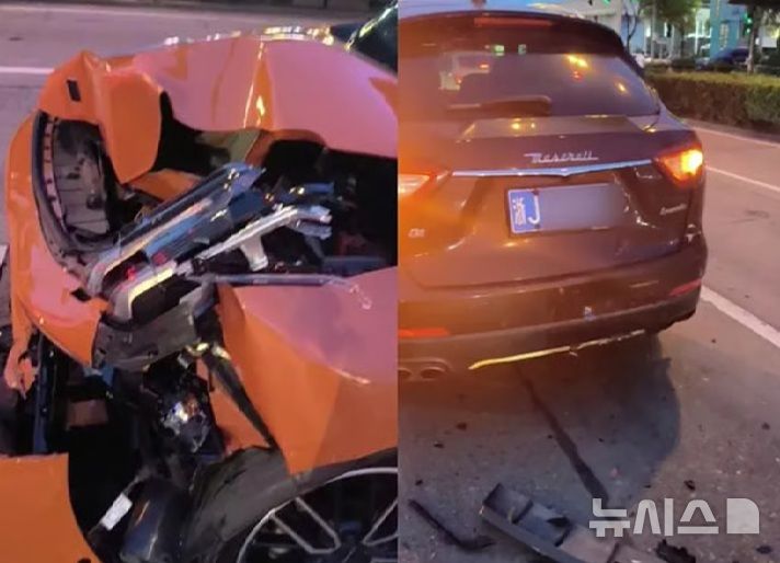 [뉴시스]마 씨의 차(왼쪽) 앞부분은 상당히 손상됐고, 마세라티는 움푹 패이고 긁힌 자국이 남았다. (사진=SCMP) 2025.8.25 