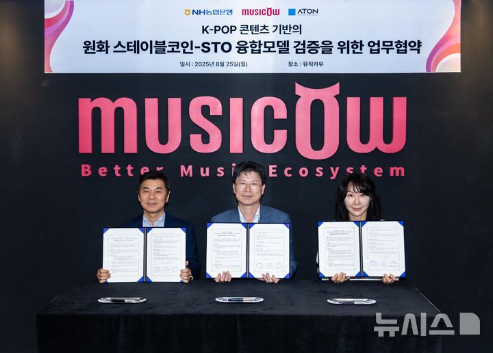 [서울=뉴시스]NH농협은행은 아톤·뮤직카우와 스테이블코인-STO(토큰증권) 연계한 융합 사업모델 검증을 위해 3자 업무협약(MOU)를 체결했다고 26일 밝혔다. (사진=NH농협은행 제공). 2025.08.26. photo@newsis.com 