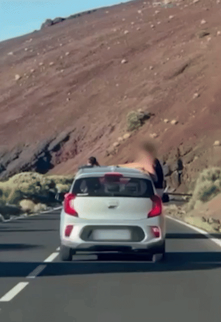 [뉴시스]스페인 휴양 섬에서 관광객들이 차량 창틀에 앉아 상체를 밖으로 내밀고 달리는 모습이 촬영됐다. (사진=데일리메일) 2025.8.25 *재판매 및 DB 금지