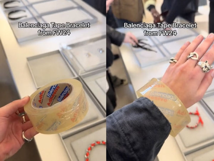 [뉴시스]일반 투명 테이프 롤에 발렌시아가 로고가 새겨져 있는 팔찌 '테이프 브레이슬릿(Tape bracelet)'을 4000달러(약 560만원)에 판매했다.(사진=인디펜던트).2025.08.26 *재판매 및 DB 금지